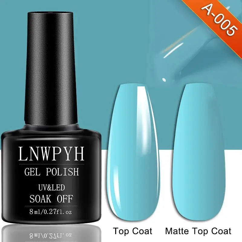 Gel nail polish bottle with UV/LED soak-off formula; two turquoise swatches showing glossy and matte finishes
