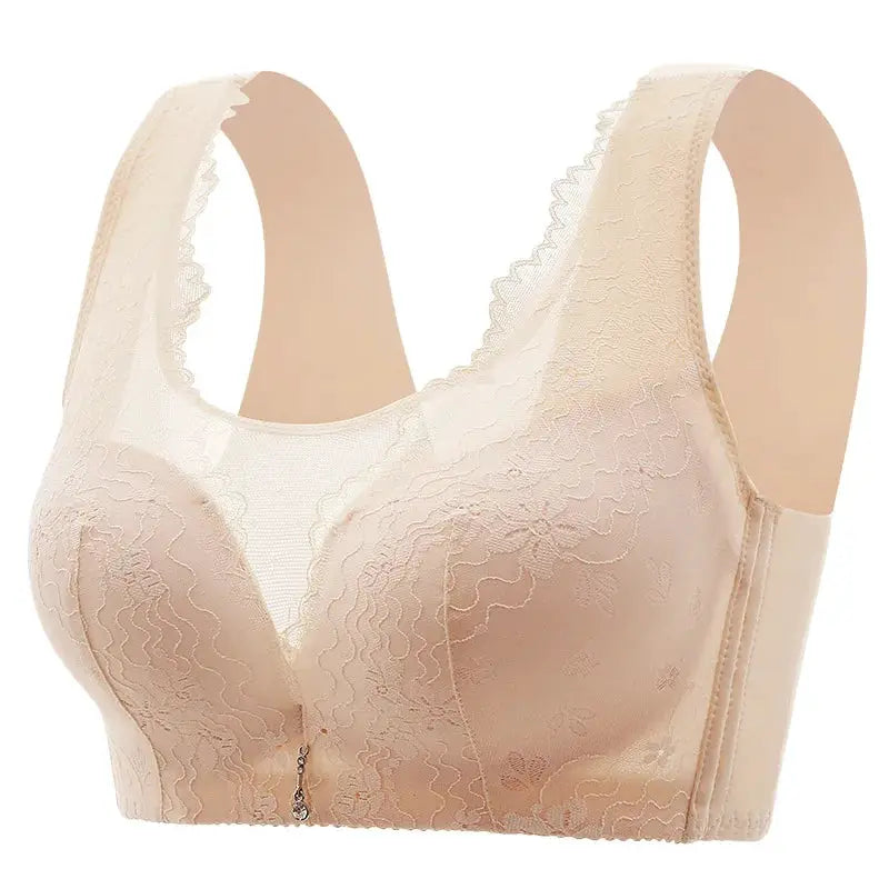 Nude lace wireless bra with soft cups and center charm