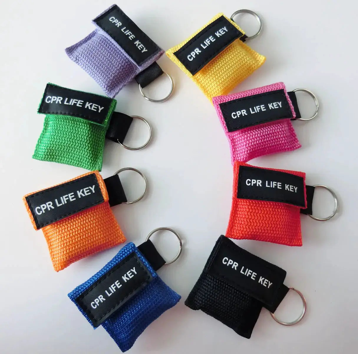Keychain CPR life key pouches with metal rings; assorted bright fabric colors