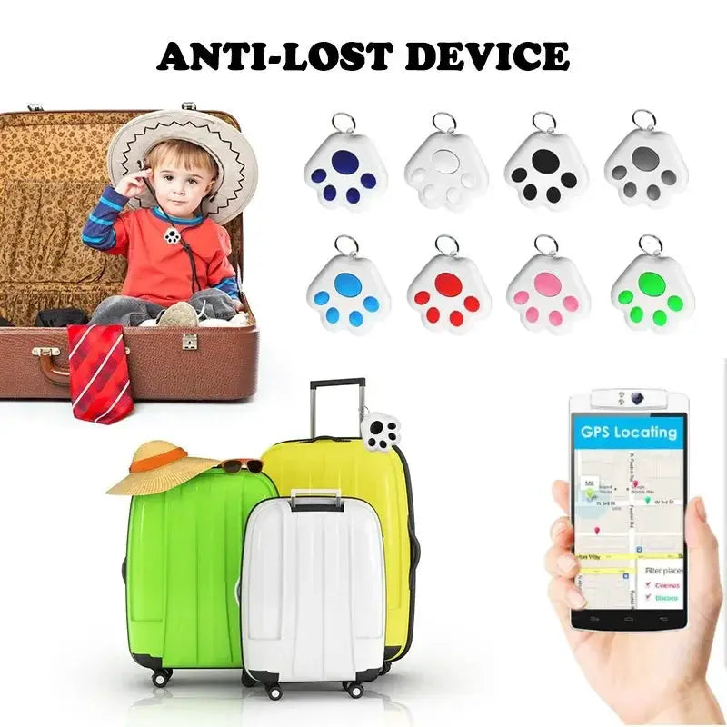 Mini pet anti-lost GPS tracker paw pendant with keyring; assorted color paw charms; Bluetooth locator for iOS/Android