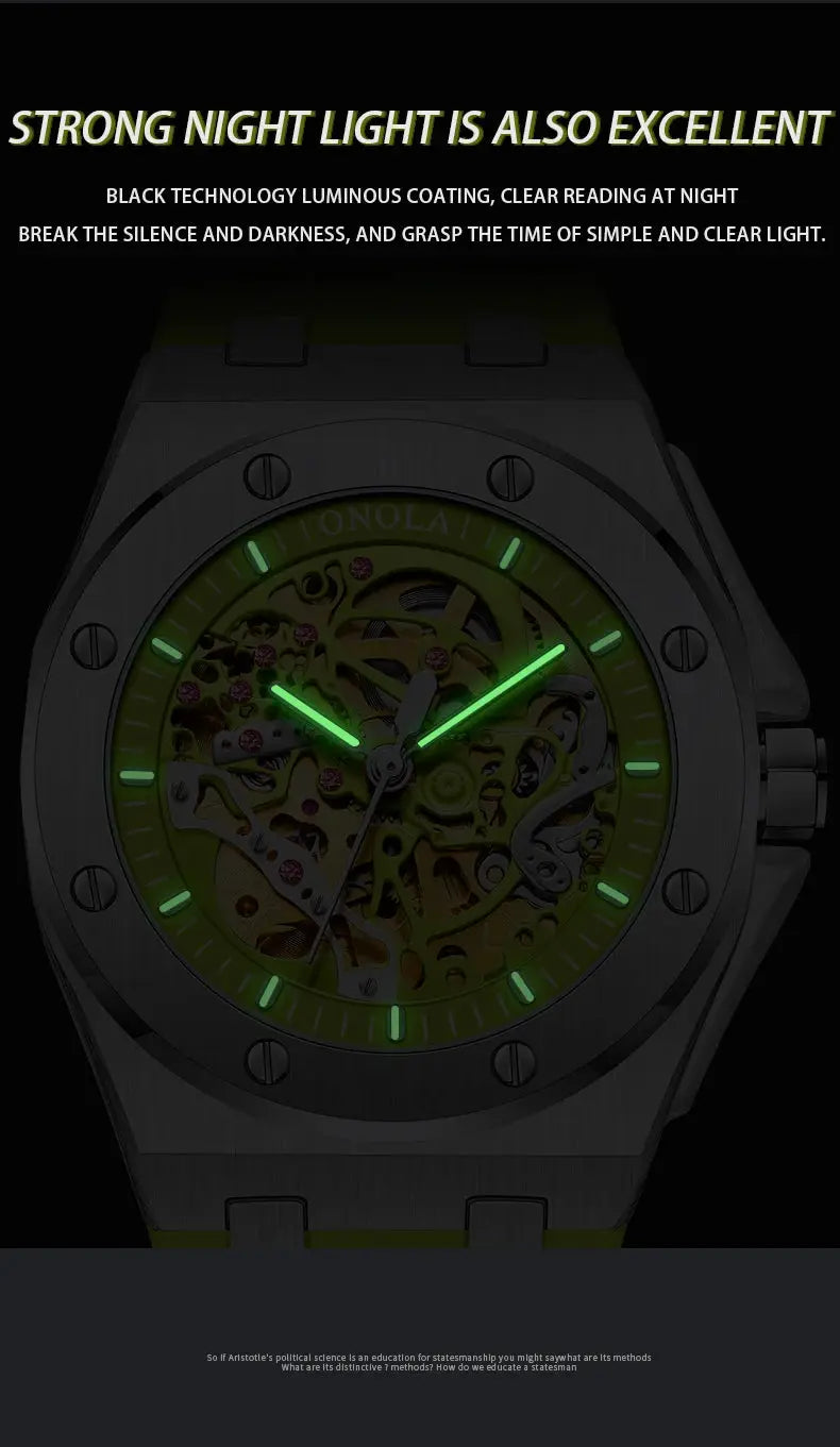 ONOLA watch for men with skeleton dial, stainless steel case, and green luminous hands
