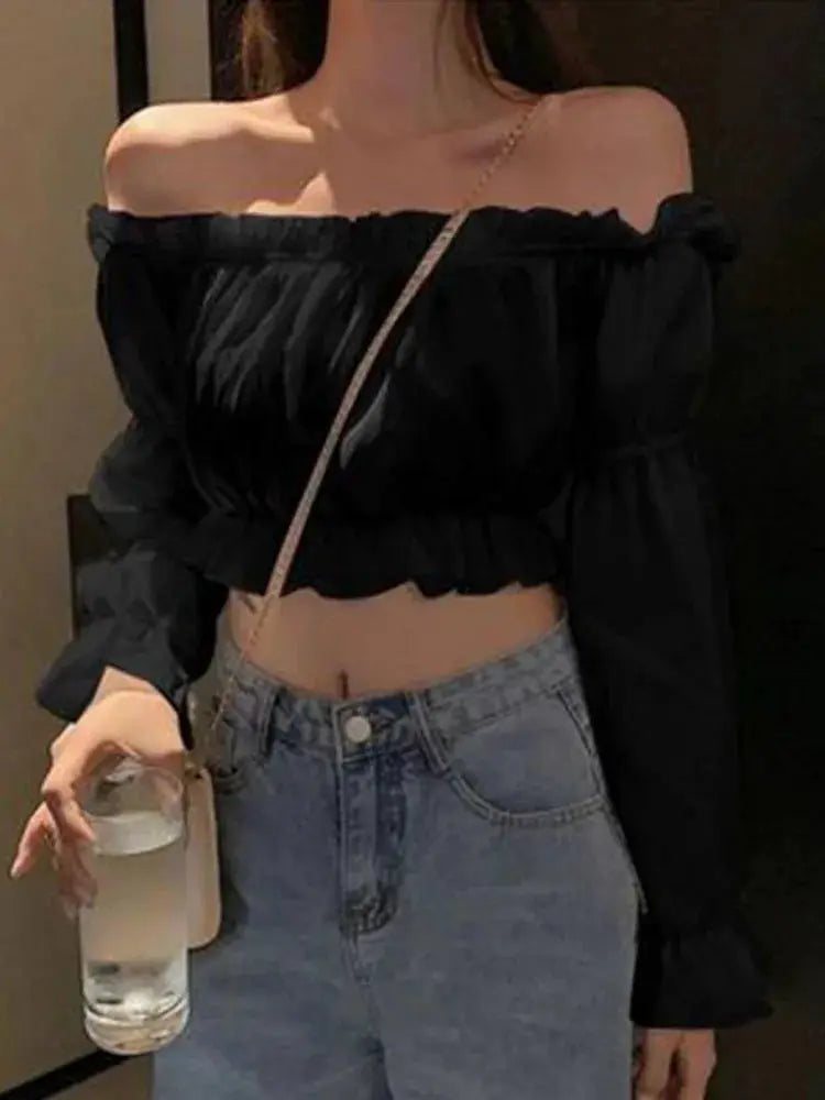 Women off-shoulder black cropped blouse with puff sleeves and ruffle hem