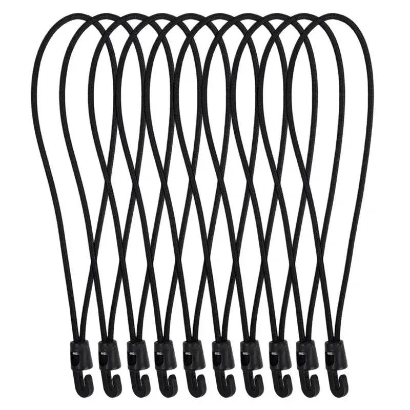 12-pack black bungee cords with hooks, 10/15/25 cm options, high elasticity for camping tarpaulins