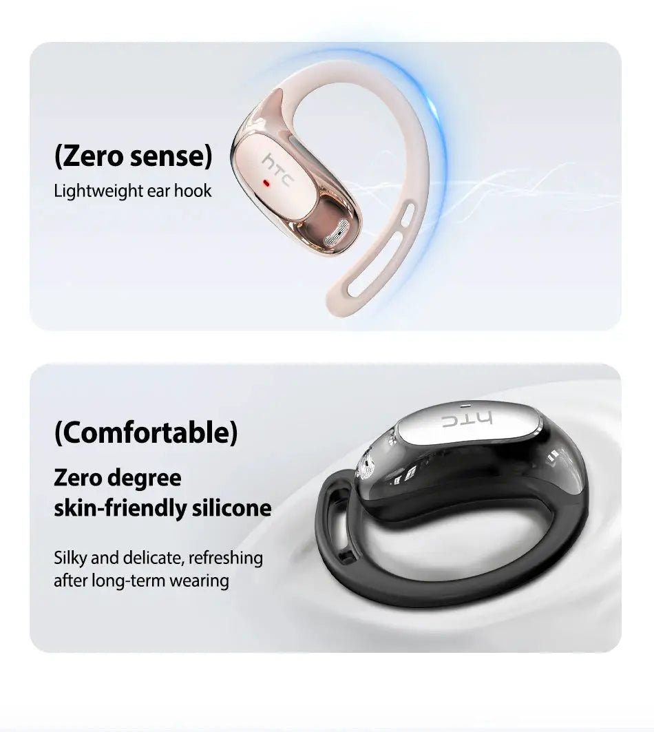 HTC NE35 wireless earphones; beige lightweight ear-hook pair and black behind-ear headset (two-piece set).