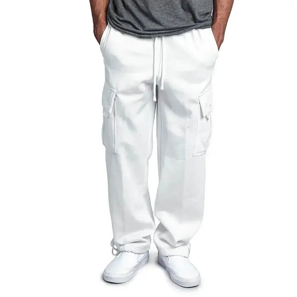 Men's white cargo sweatpants by Simples Market, loose fit jogger pants with cargo pockets and drawstring waist.