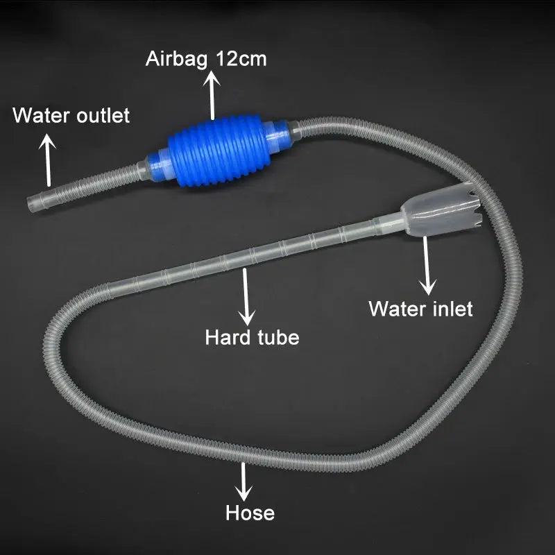Simples Market aquarium siphon gravel cleaner with blue air chamber, transparent hose, and water inlet/outlet