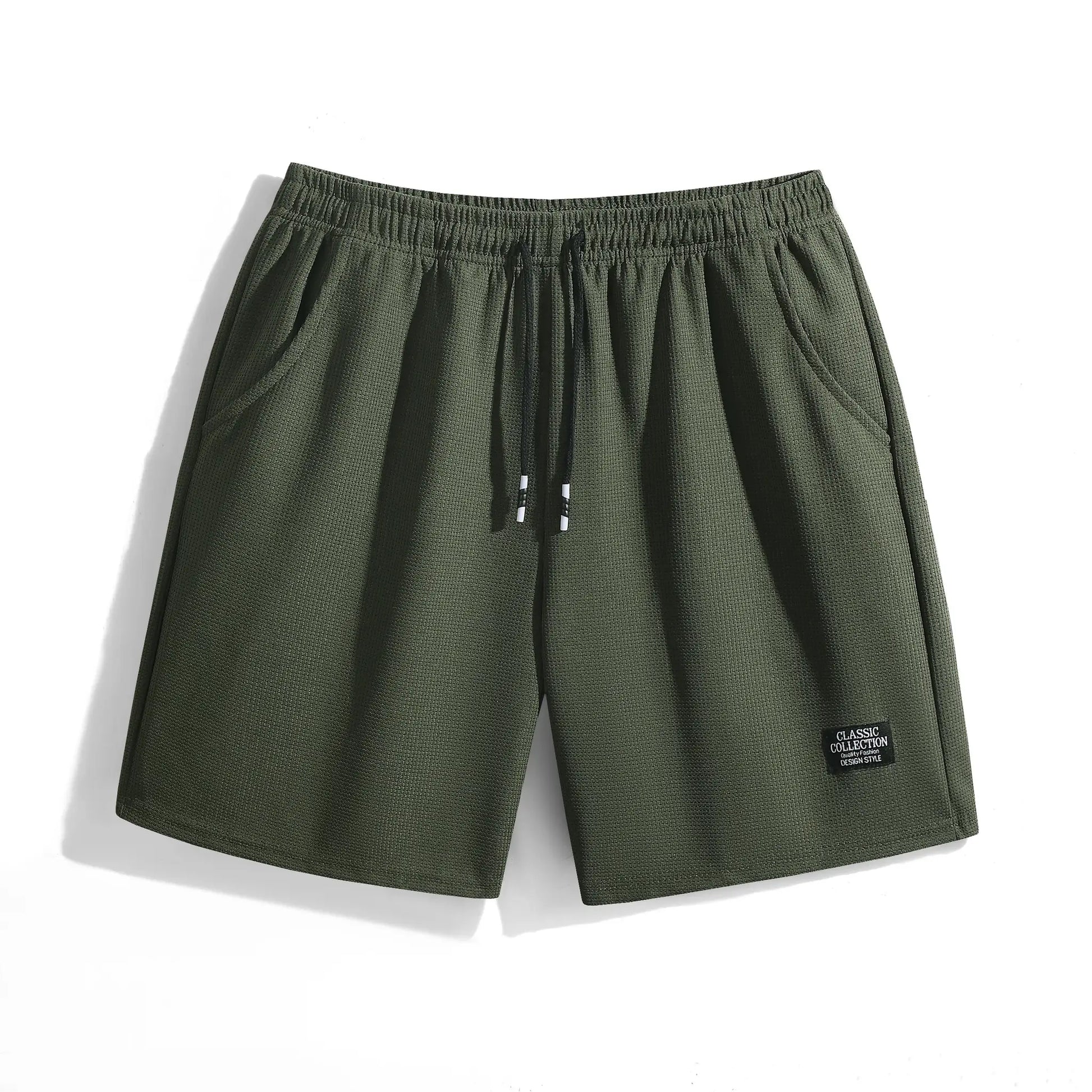 Men's olive green textured shorts with drawstring waist, Classic Collection label.