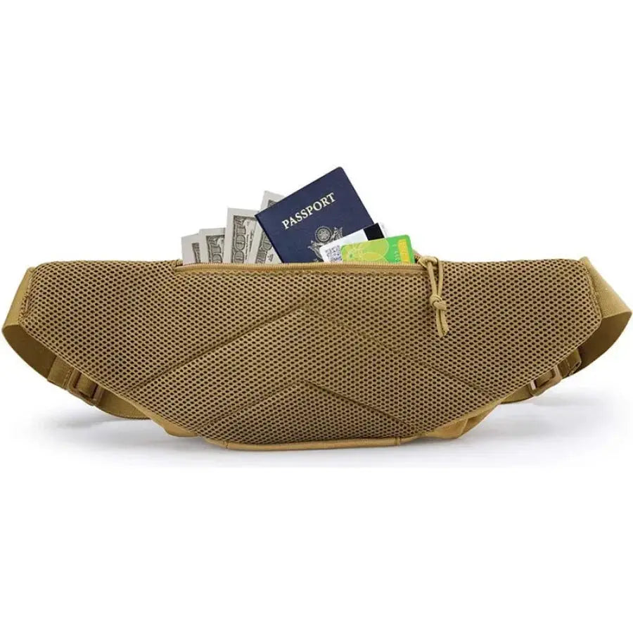 Simples Market tan tactical waist pack with mesh fabric, showing passport, cash, and cards