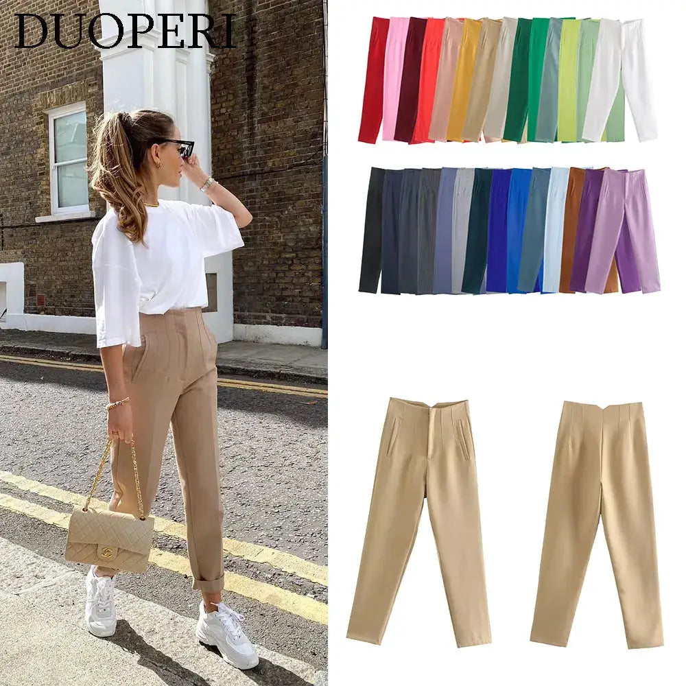 Duoperi Women High Waist Trousers Solid Color Premium Polyester Blend for Comfort and Flattering Fit