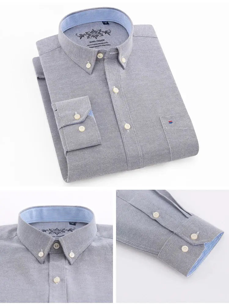 Simples Market men's long-sleeve oxford work shirt, light gray with blue striped collar, single patch pocket.