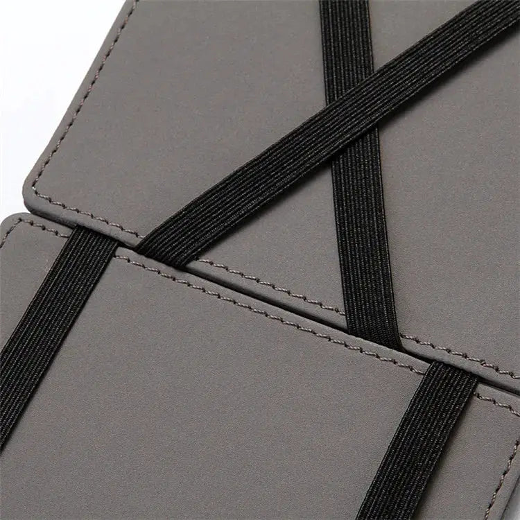 Simples Market mini men card holder wallet with zipper coin pocket; slim gray PU leather with black elastic bands.