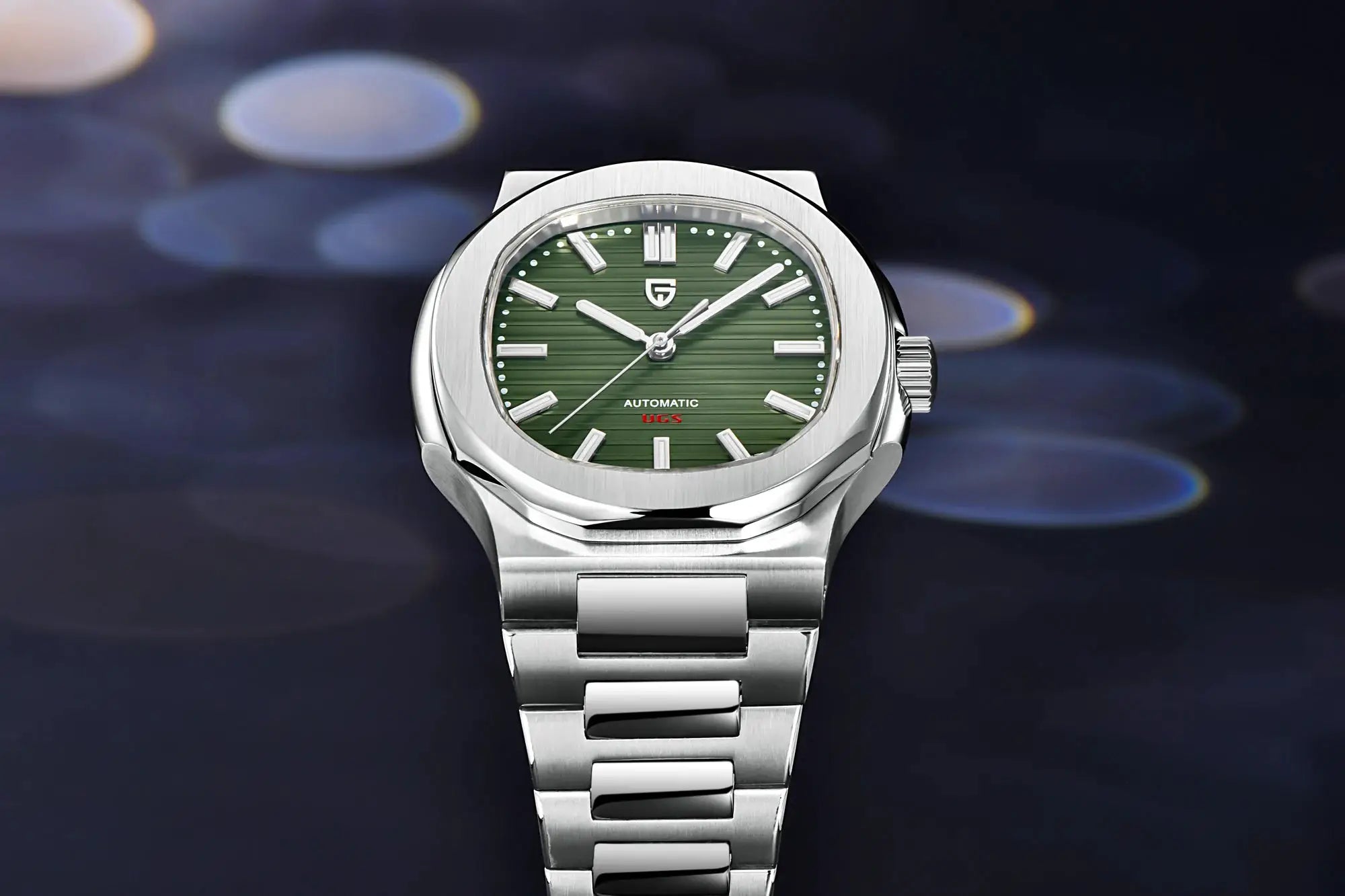 Pagani Design 40mm stainless steel automatic watch with green dial, sapphire crystal, metal bracelet
