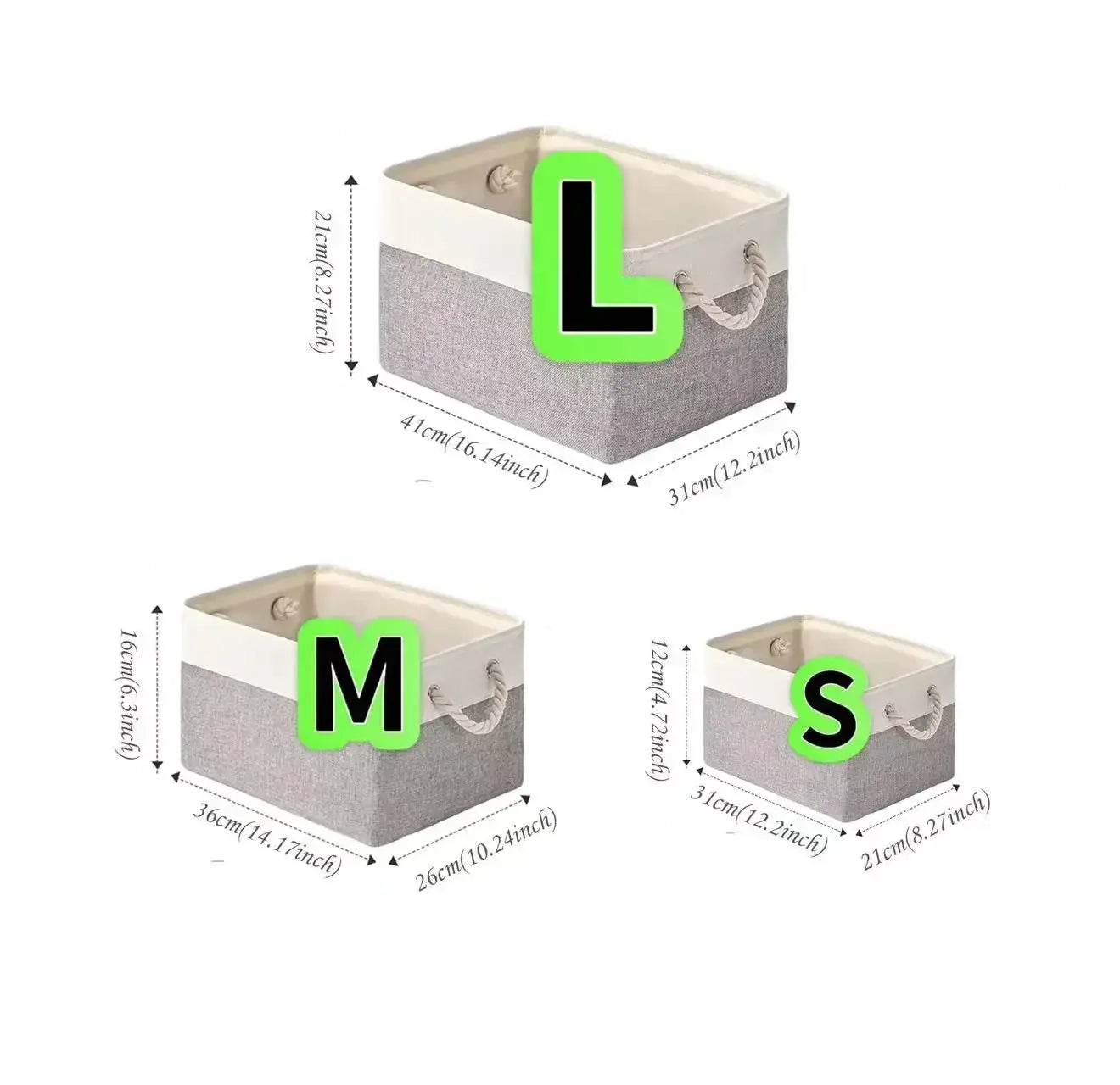 Folding linen fabric storage basket set in gray with white top and rope handles; L, M, and S sizes.