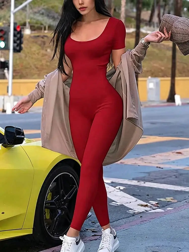 Women's red short-sleeve skinny bodycon romper jumpsuit by Simples Market; casual streetwear
