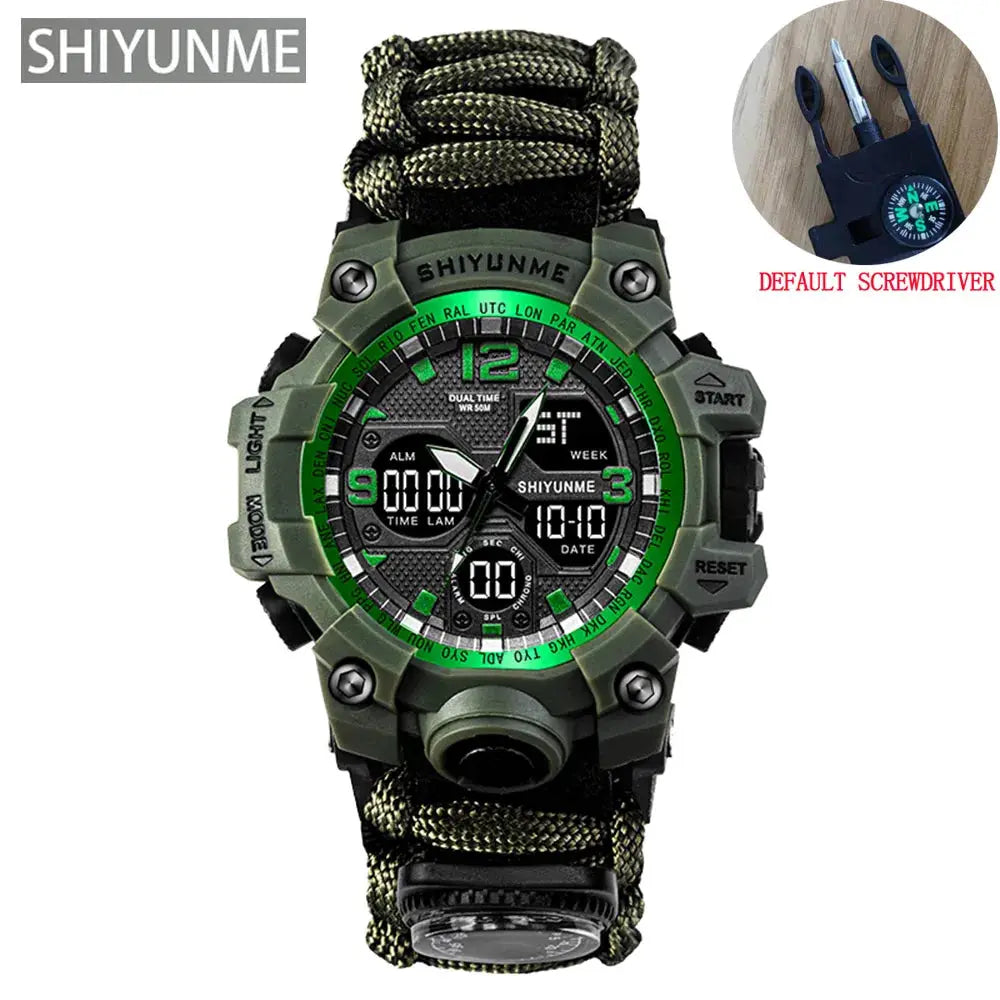 SHIYUNME men's military digital watch with green case and paracord strap, compass-ready, waterproof