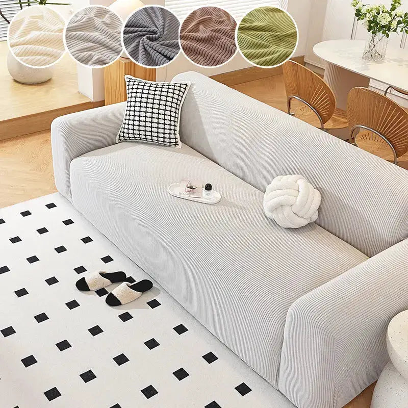 Simples Market 1PC shake grain velvet anti-slip sofa cover in light gray ribbed plush fabric, shown on a sofa with decorative cushions