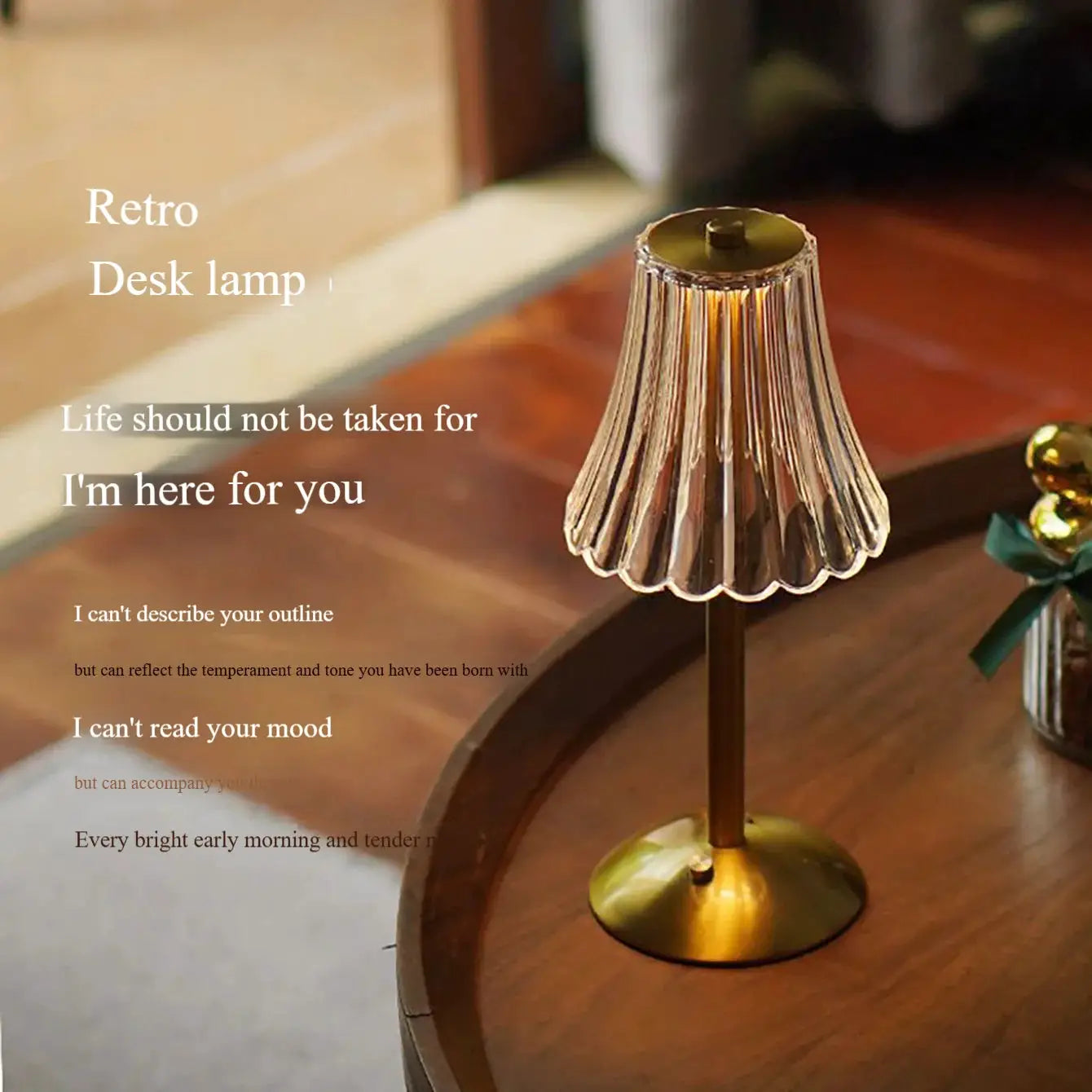 Crystal retro table lamp by Simples Market on a wooden bedside table; brass base, ribbed glass shade, dimmable LED.