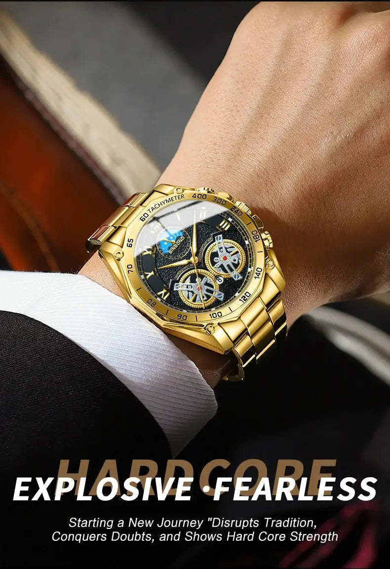 Gold-tone BINBOND men's quartz watch with chronograph decorative dial and waterproof stainless steel band