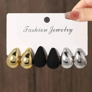 Vintage teardrop stud earring set in gold, black, silver; 6-piece lightweight fashion jewelry by Simples Market