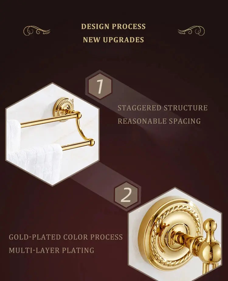 Luxury gold brass bathroom accessories set with towel bar, towel ring, robe hook by Simples Market