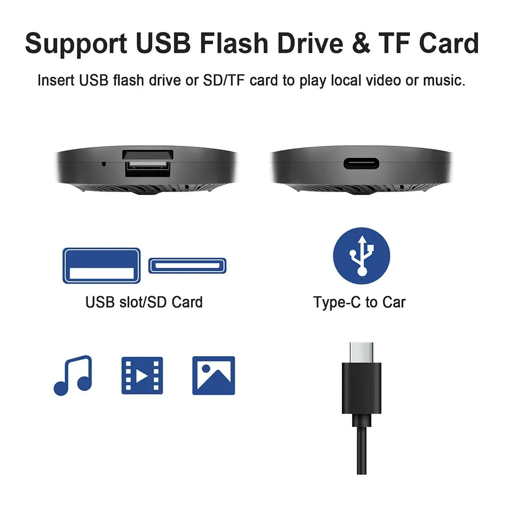 Android 13 TV Box by Simples Market; dark gray AI CarPlay device with USB/SD, Type-C car connection, built-in Play Store