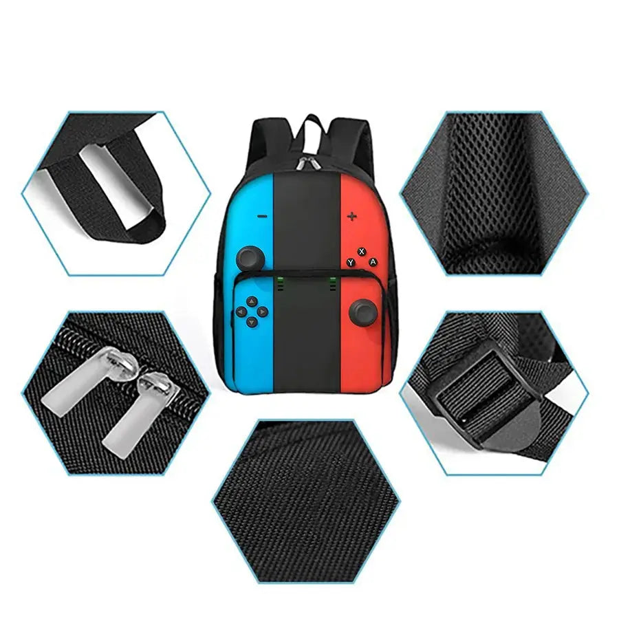Simples Market GamePad-pattern kids backpack, blue and red color blocks with black front pocket.