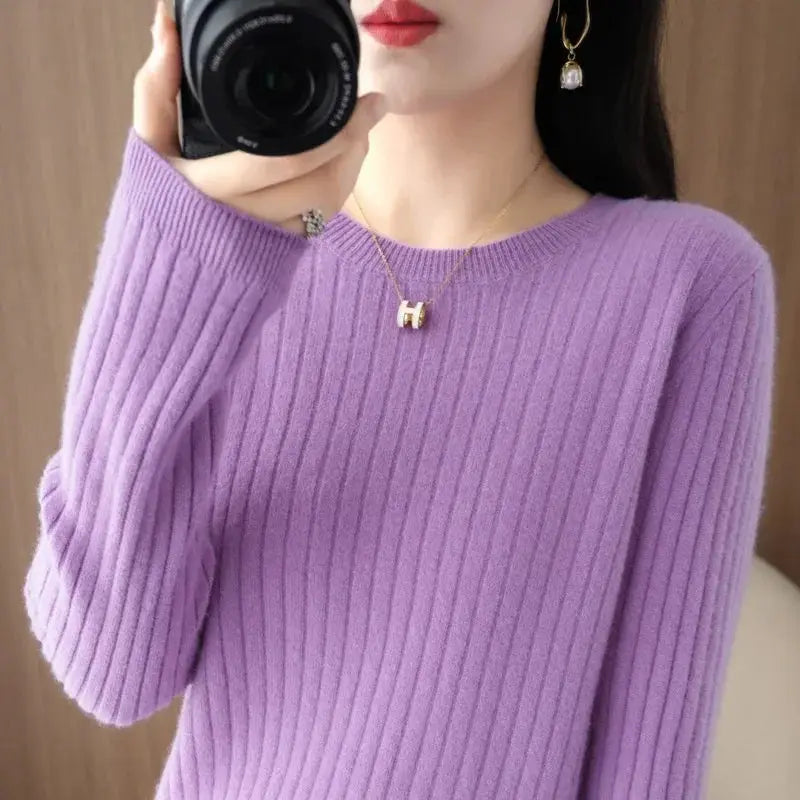 Aurora Knitwear Warm O Neck Stripe Loose Fit Sweater For Autumn Winter Layering Cozy Knit