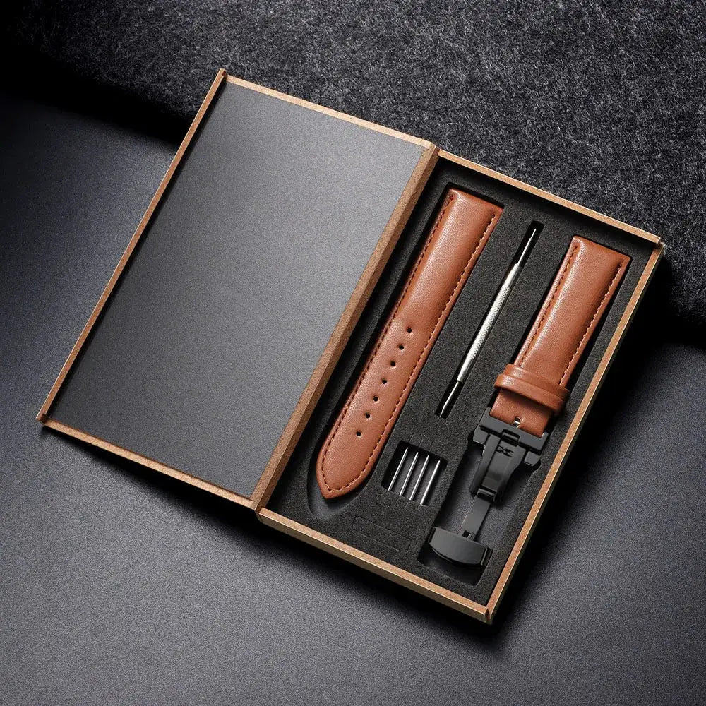 Genuine Leather Watchband 14 16 18 20 22 24mm With Automatic Butterfly Buckle For Men And Women Gift Box