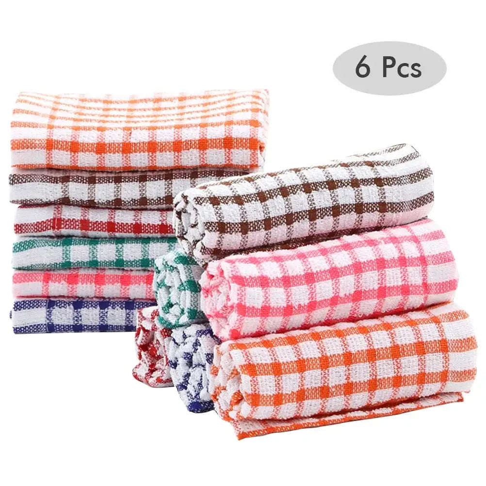 Cotton kitchen towels, 6-pack plaid in assorted colors for cleaning and drying.