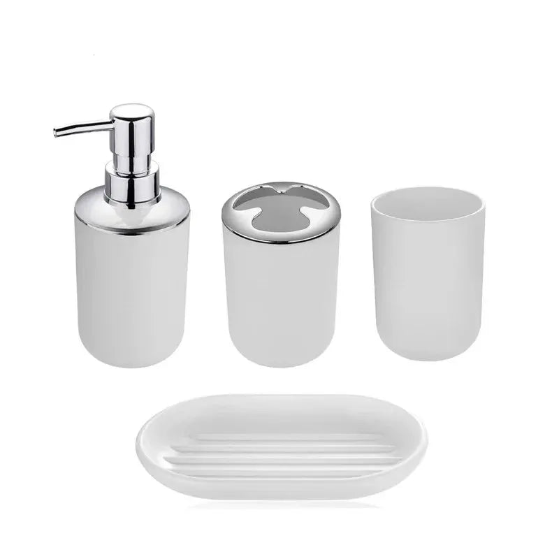 Luxury bathroom set by Simples Market: white ceramic with chrome pump dispenser, toothbrush holder, cup, and soap dish (4pc)