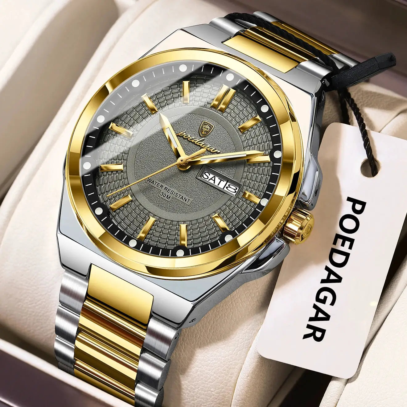 POEDAGAR men's stainless steel wristwatch with gold bezel and two-tone bracelet, date window, water resistant 30m