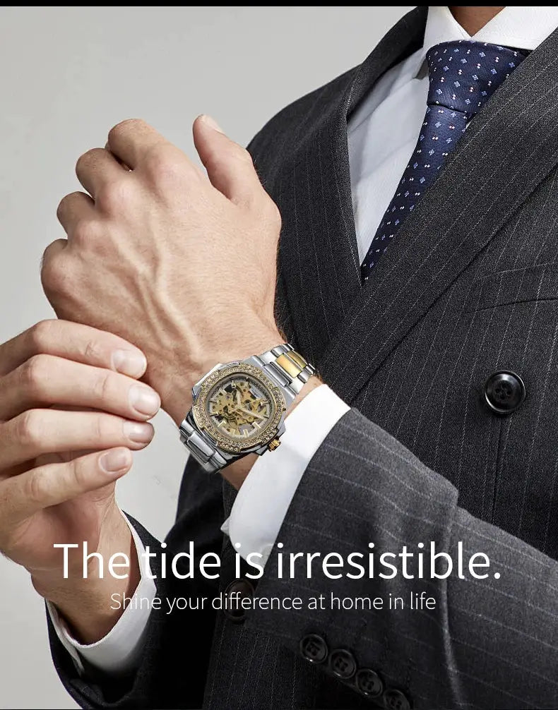 LONGLUX automatic skeleton men's watch in two-tone stainless steel with diamond bezel.