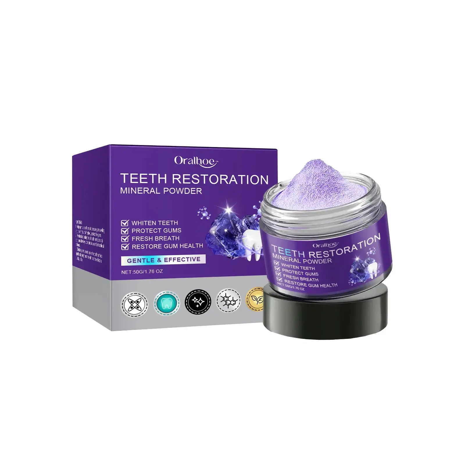 Teeth Restoration Mineral Powder 2-piece set: purple box and jar, brand Oralhoe