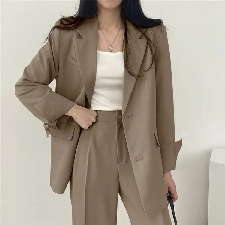 Simples Market taupe long-sleeve blazer with matching pants 2-piece women's suit set