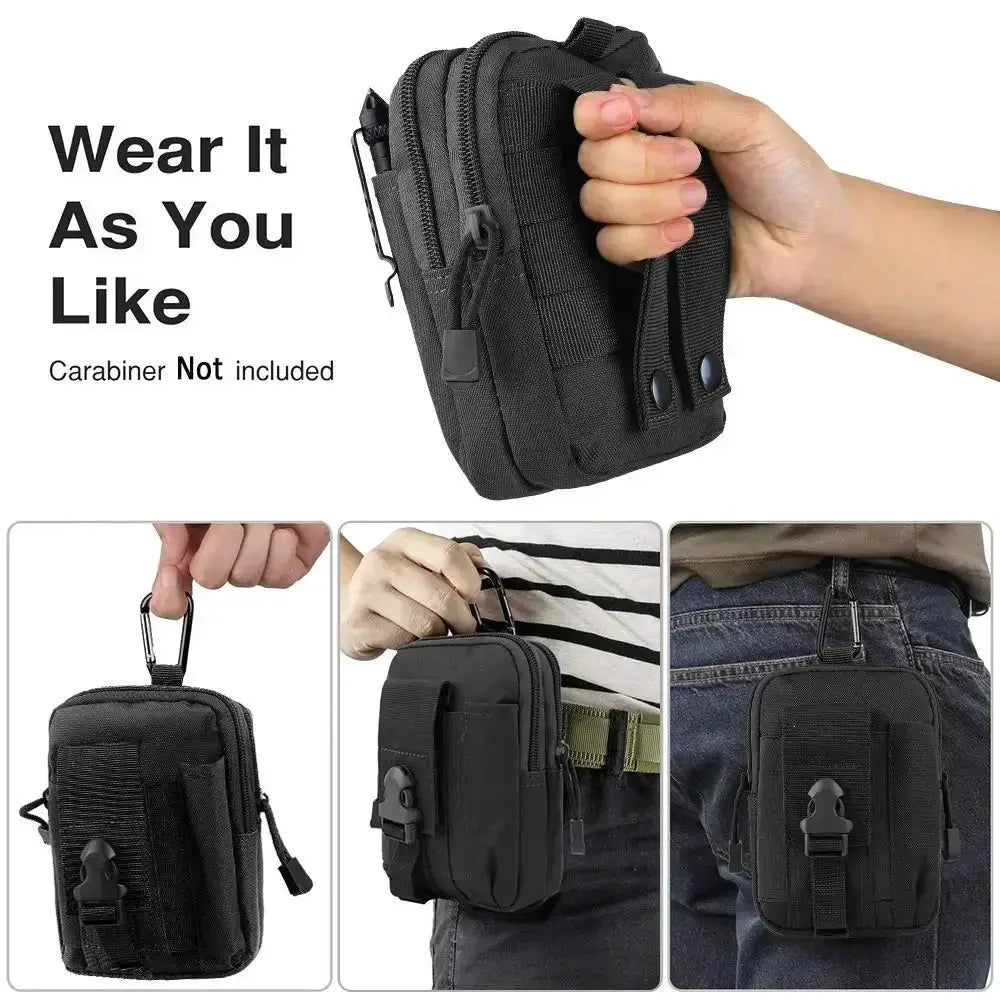 Black tactical leg waist bag with carabiner clip and multiple zip pockets
