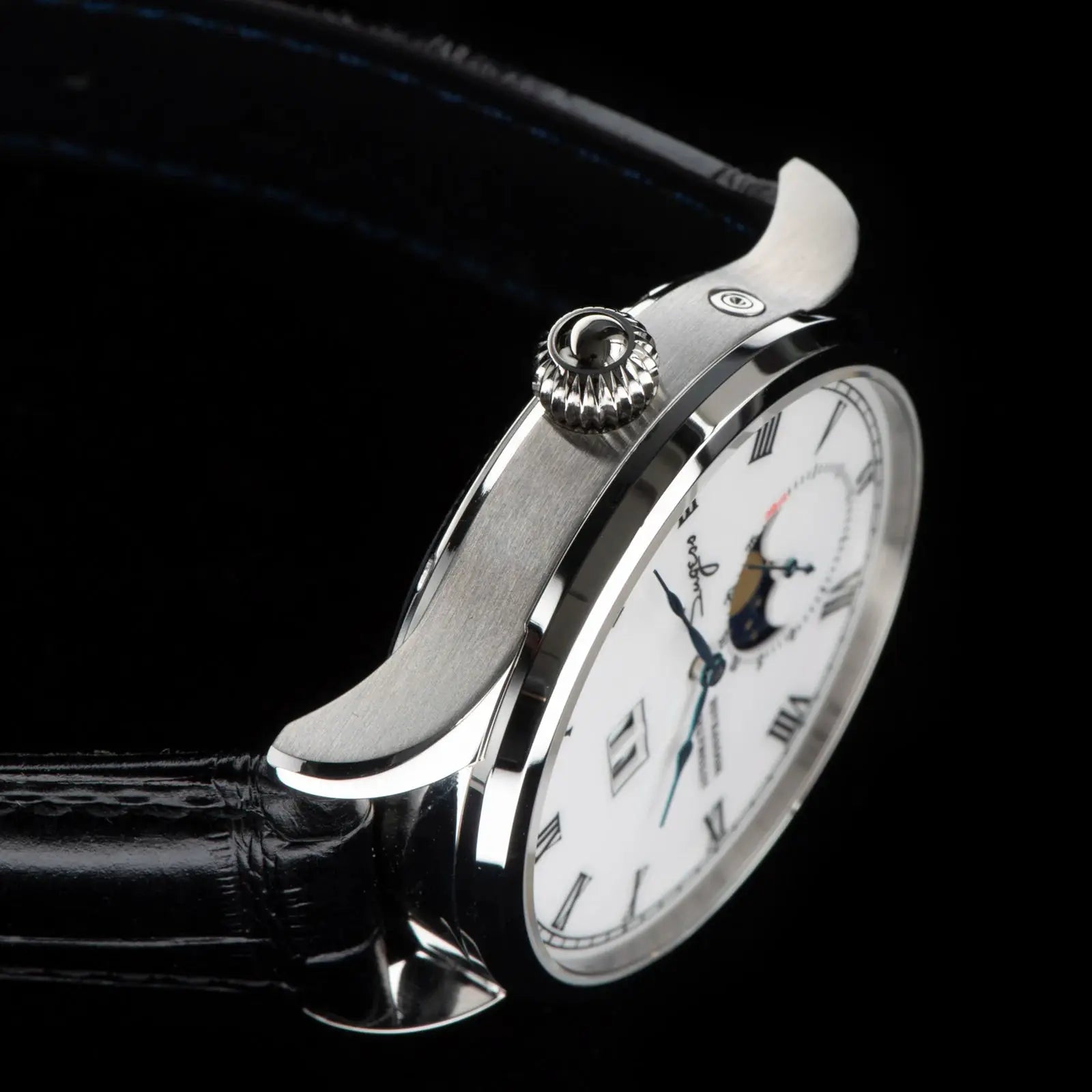 Sugess Tianjin ST25 moonphase men's luxury watch with white dial, stainless steel case, black leather strap