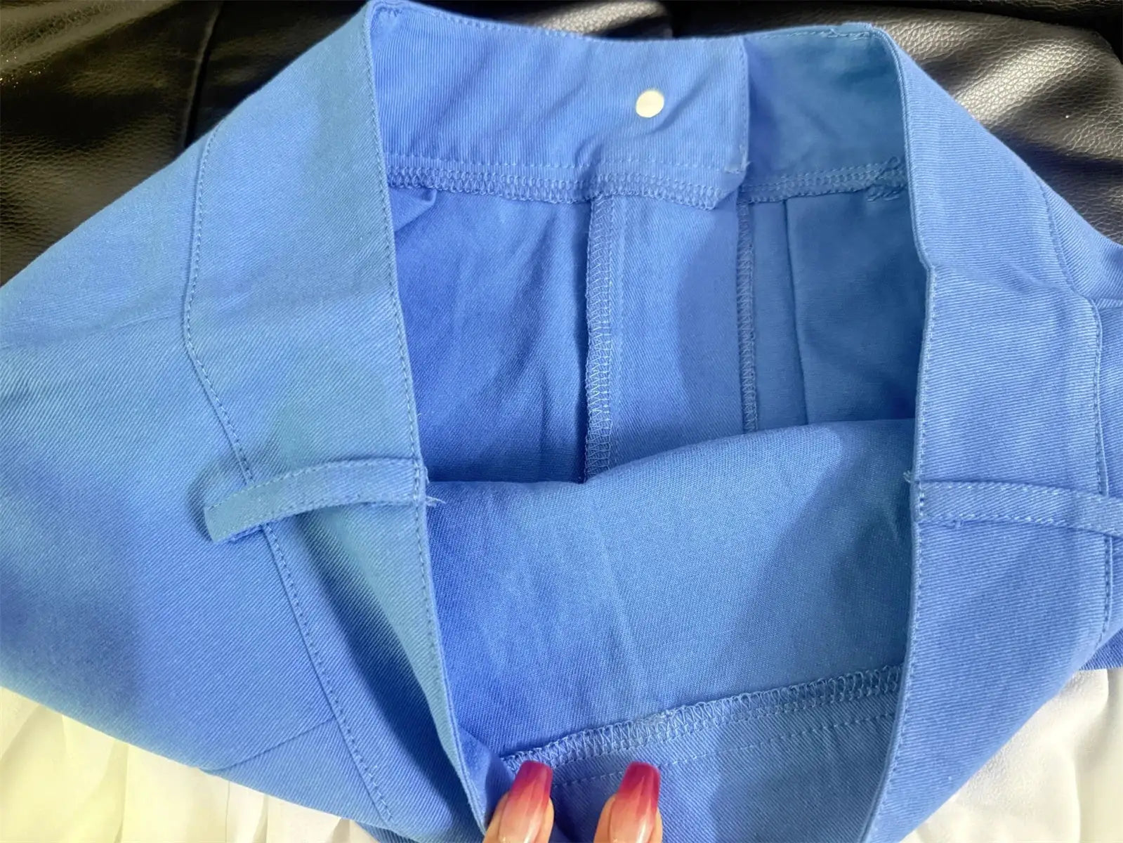 Chic Ruffles Women's Midi Skirt blue, high-waisted A-line style; interior waistband and stitching visible