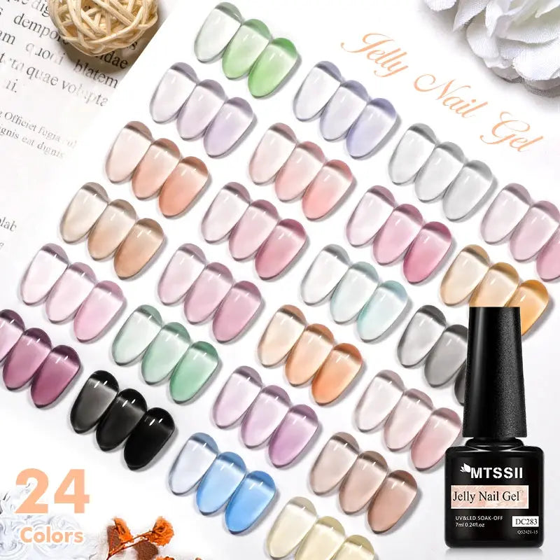 MTSSII jelly nail gel 24-color set with translucent pink, green, blue pastel shades; UV gel nail polish bottle shown