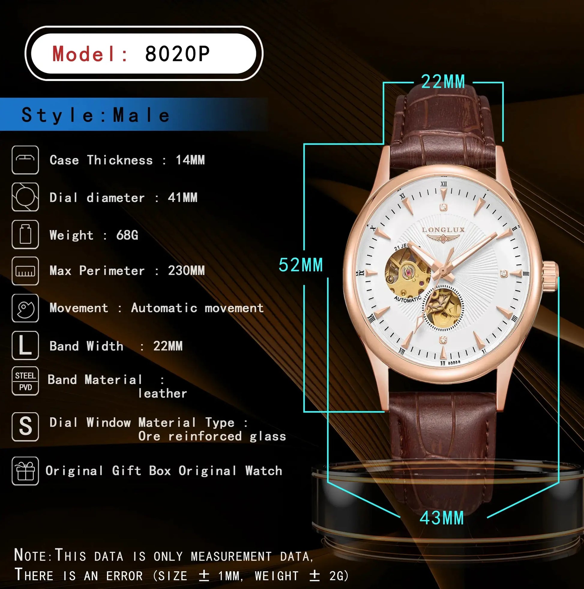 Men's automatic skeleton watch with brown leather strap and rose-gold case