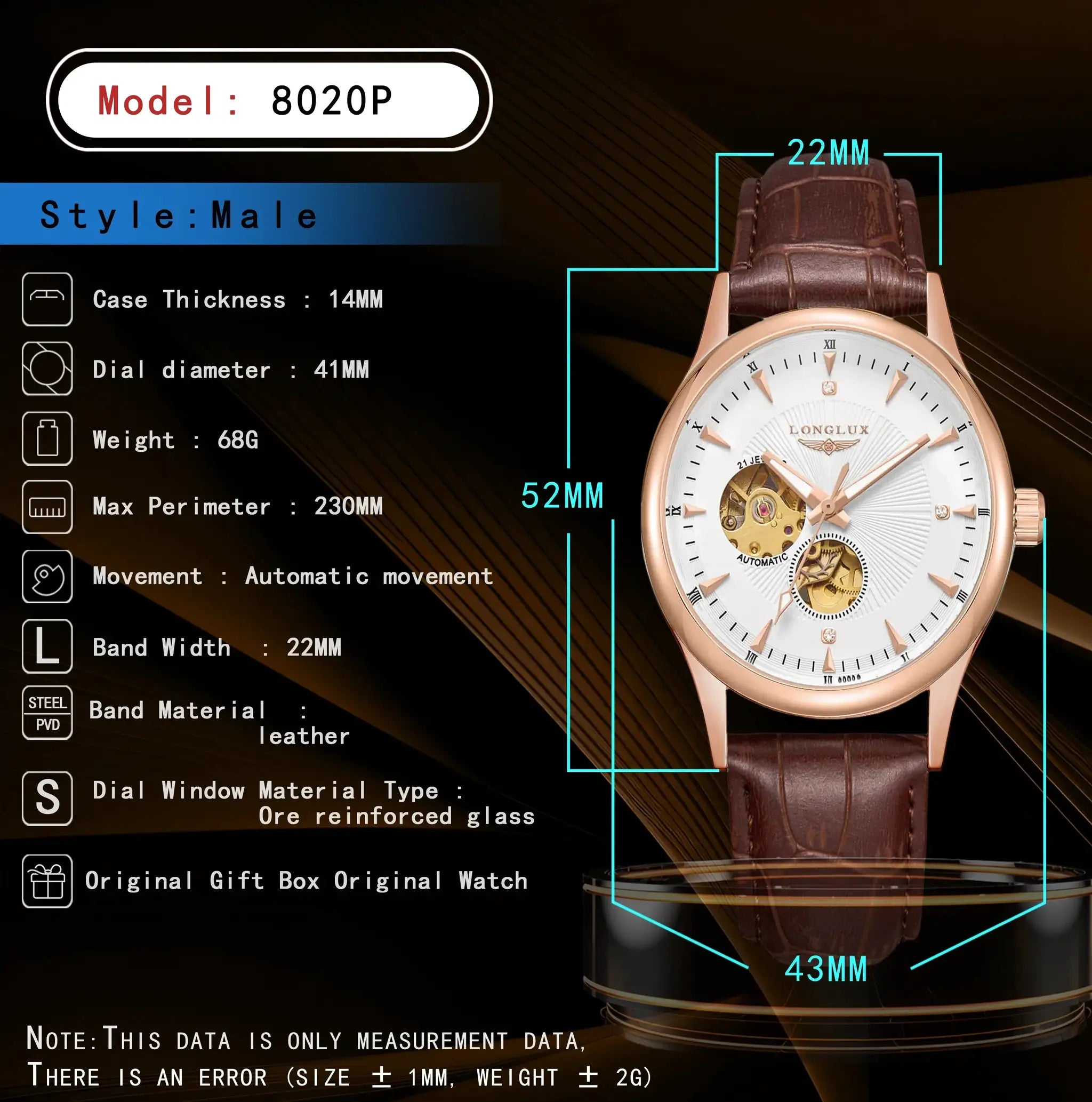 Men's automatic skeleton watch with brown leather strap and rose-gold case