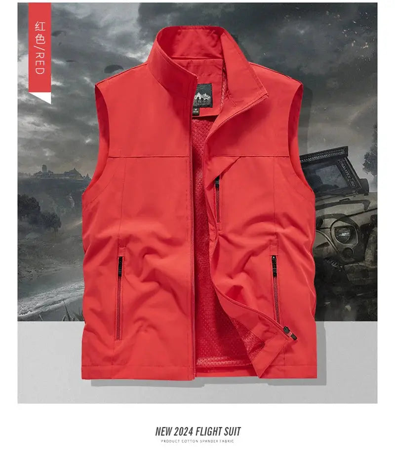 Men's red windproof sleeveless biker vest for outdoor riding.