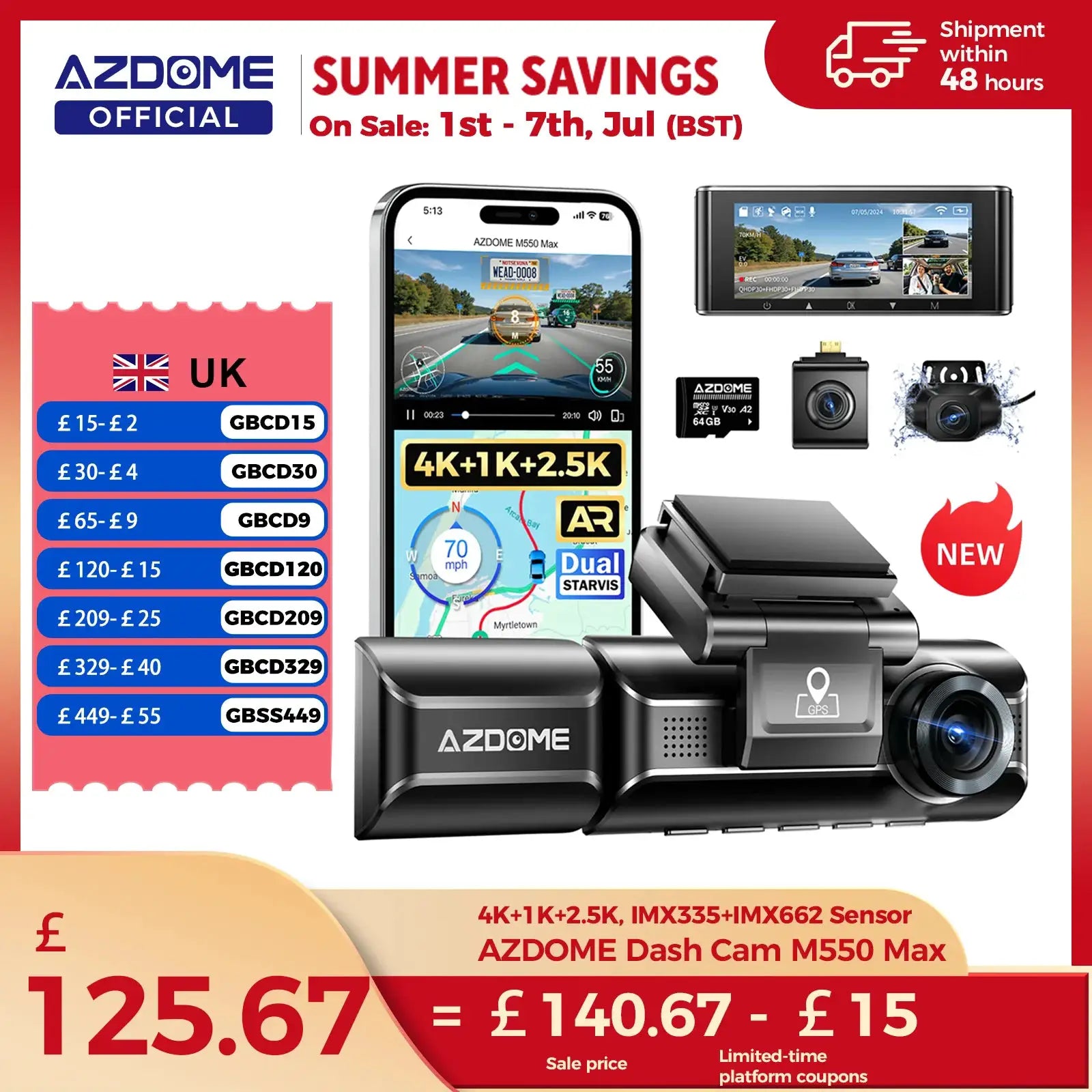 AZDOME M550 Max dash cam bundle with GPS, 4K+1K+2.5K, 150° FOV, night vision, 64GB memory card
