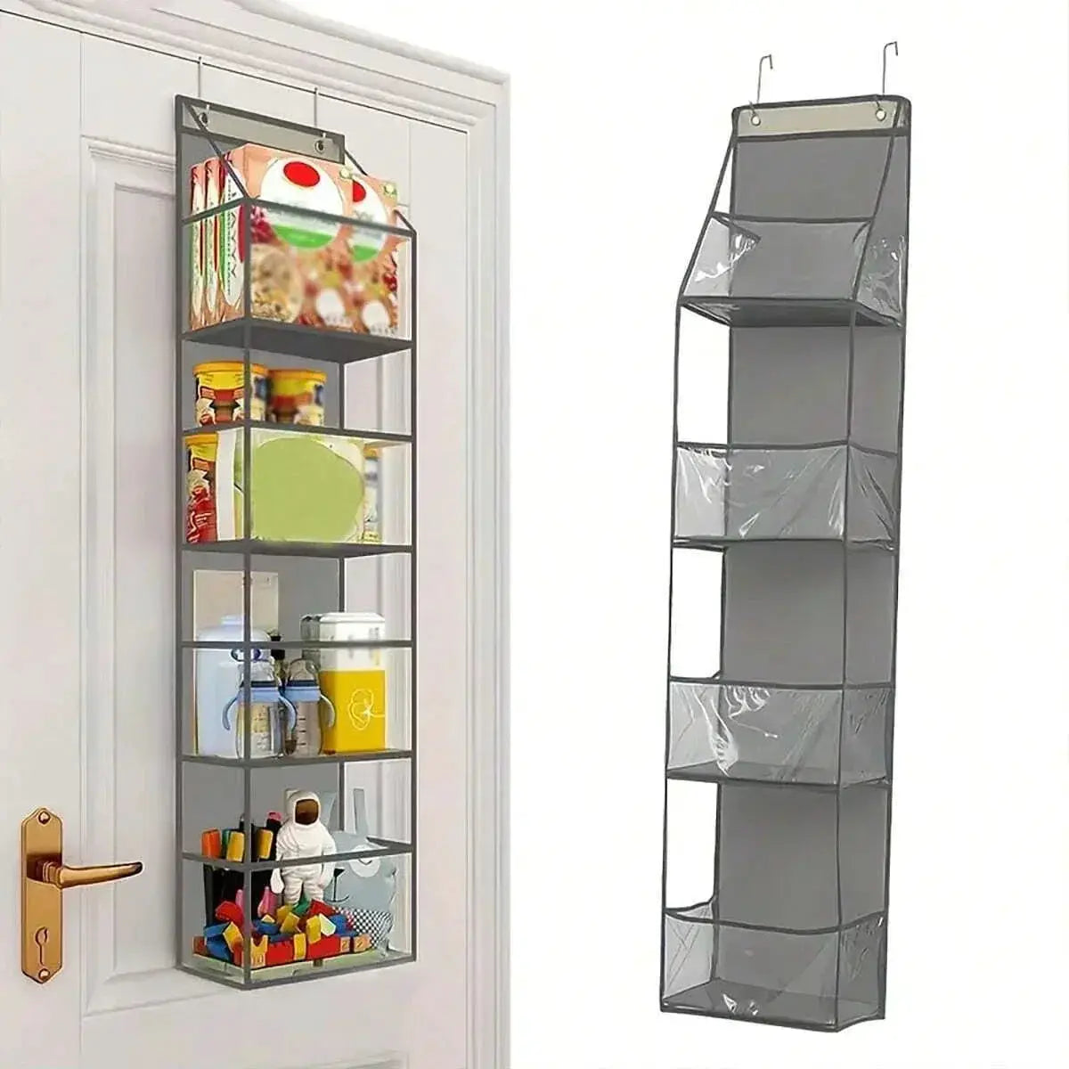 4/6-layer gray fabric hanging storage organizer by Simples Market with clear pockets