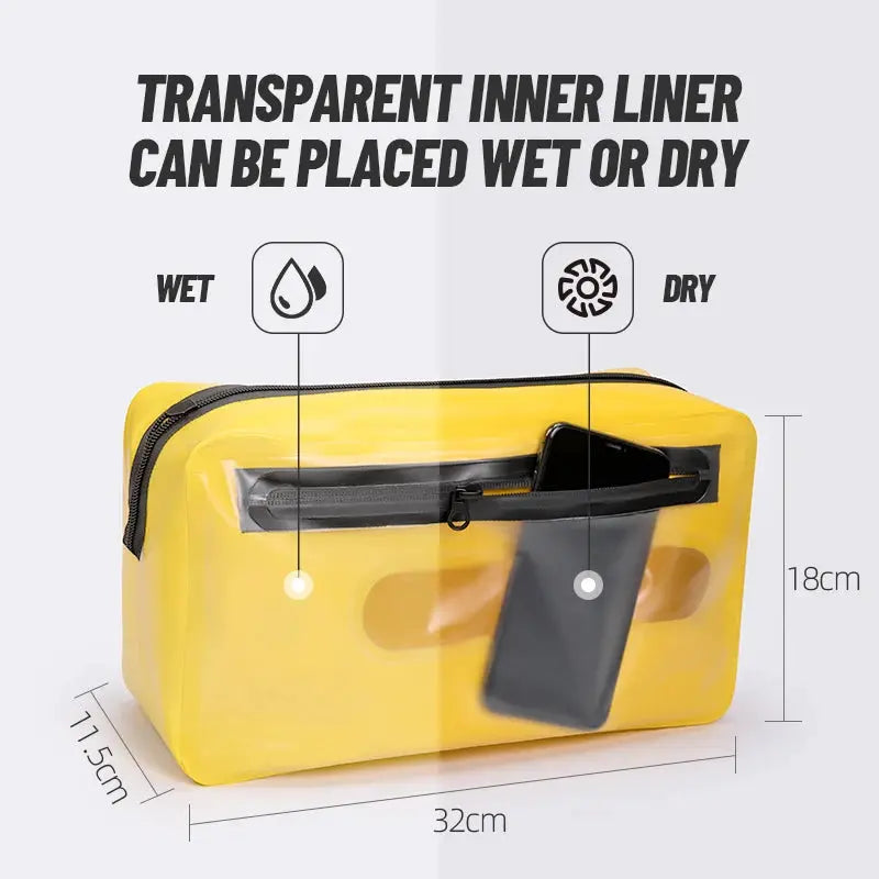 Men's gym bag by Simples Market in yellow with a transparent inner liner for wet/dry separation