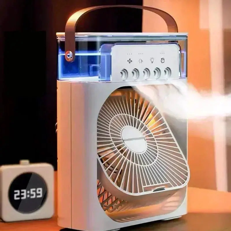 3-in-1 portable air cooler by Simples Market with fan, humidifier and LED night light; white compact unit with water tank