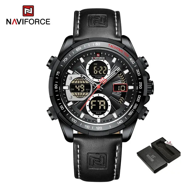NAVIFORCE men's black leather strap chronograph watch with tachymeter bezel