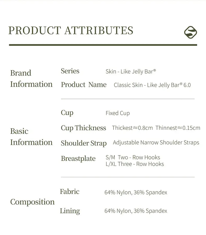SUJIIN seamless wireless bra product attributes by Simples Market, listing fabric and lining details, cup, straps, and hooks.