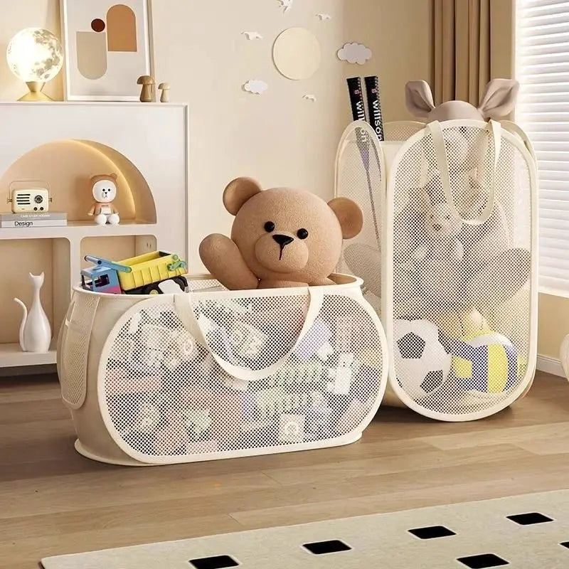 Simples Market portable large-capacity toy organizer set of 2, cream mesh bins with handles, filled with plush toys.