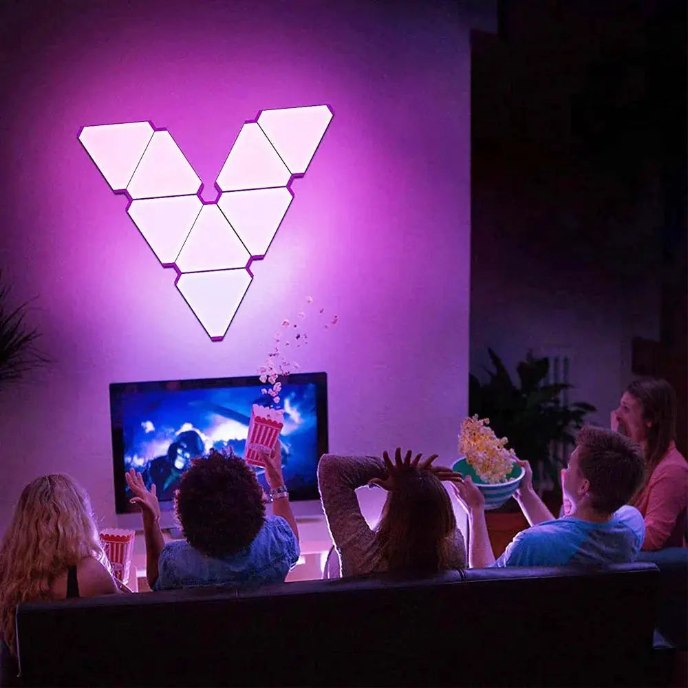 LED Triangular Quantum RGB Wall Lamp by Simples Market; purple ambient glow, geometric panel design