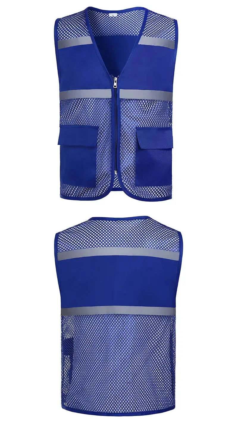Blue mesh fishing safety vest by Simples Market with reflective stripes, zip front and two pockets